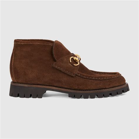 gucci suede ankle boots brown emblem|Women's Horsebit ankle boot in brown suede .